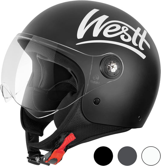 Westt 3/4 Helmet Motorcycle Open face Helmet Scooter Helmet with Clean Visor DOT Approved Vintage Moped Helmet for Men Women (Matte Black, S (21.65-22.05 inch))