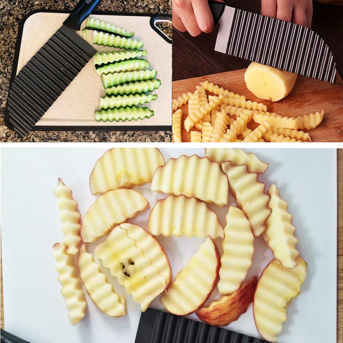 SHengwin Crinkle Potato Cutter, Crinkle Cut Knife for Veggies French Fry Cutter, Kitchen Wavy Slicer Knife for Chopping Carrot Cucumber Stainless Steel Blade 2.9" x 11.8"