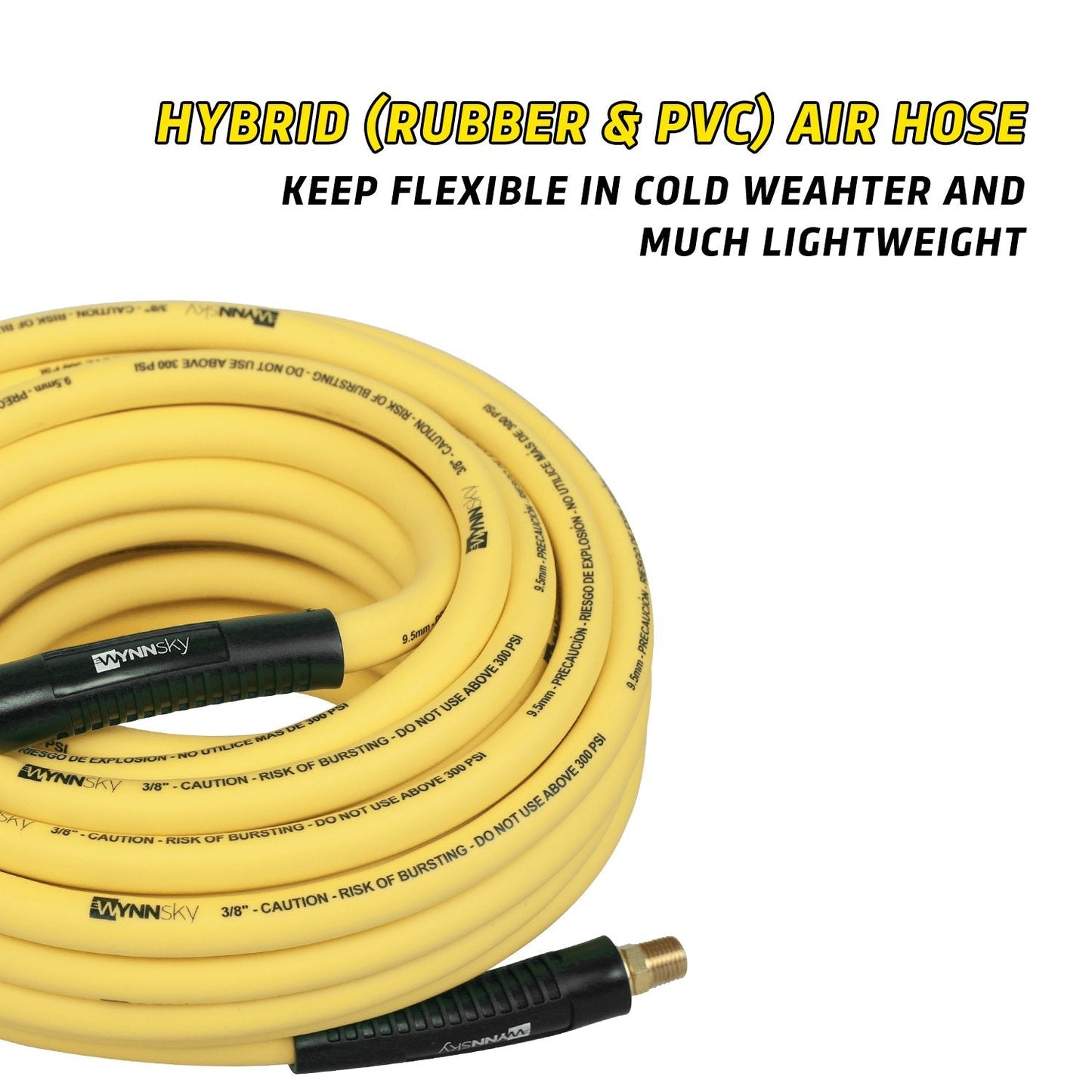 WYNNsky 3/8" Hybrid Air Hose 50ft 1/4" MNPT Air Compressor Hose Heavy Duty Lightweight Hybrid and Bend Restrictor Fittings