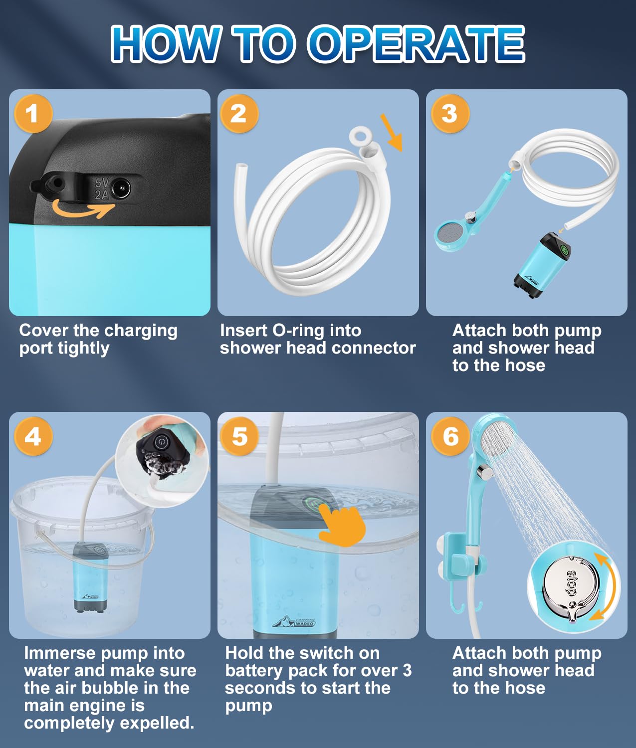 WADEO Portable Shower Camping Shower Outdoor Camp Shower Pump, Electric Rechargeable Portable Camping Shower, Powered by Rechargeable Battery for Camping, Hiking, Traveling