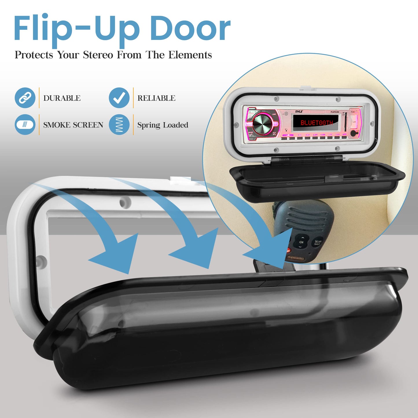 Pyle Water Resistant Marine Stereo Cover - Smoke Colored Heavy Duty Boat Radio Protector Shield with Flip-up Door & Spring Loaded Release - Mounting Gasket Included - PLMRCW1