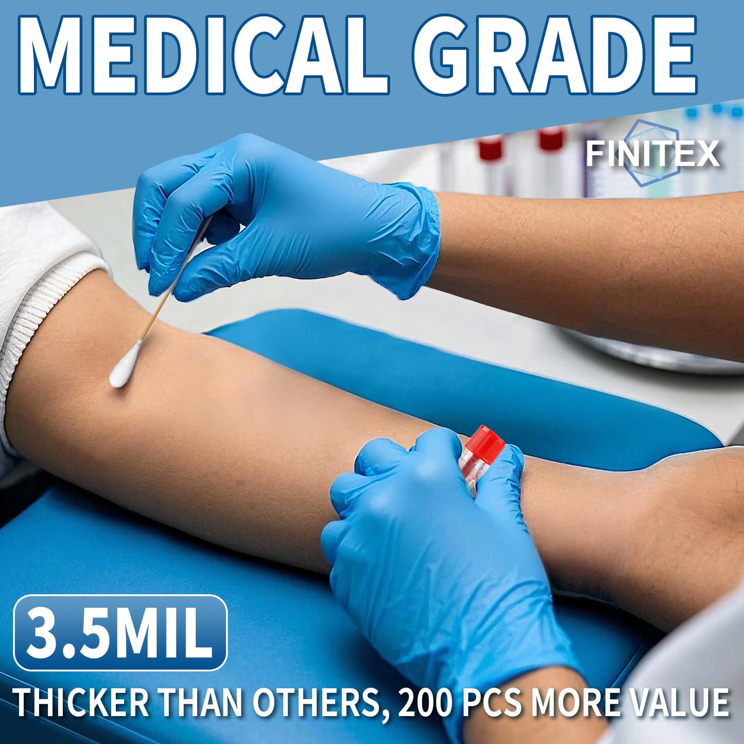 FINITEX Blue Disposable Nitrile Exam Gloves - 200 PCS/BOX 3.5mil Rubber Powder-Free Latex-Free Medical Examination Home Cleaning Food Gloves, X-LARGE