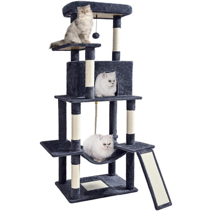 ABCPET Cat Tree Tower 63in Multi-Level Cat Tower for Indoor Cats with Sisal Scratching Posts, Condo, Hammock, Dangling Ball and Extended Platform for Cats to Play, Dark Grey