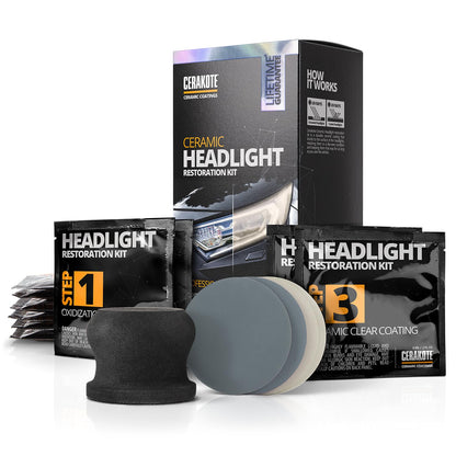 CERAKOTE® Ceramic Headlight Restoration Kit – Guaranteed To Last As Long As You Own Your Vehicle – Brings Headlights Back to Like New Condition - No Power Tools Required - 10 Wipe Kit