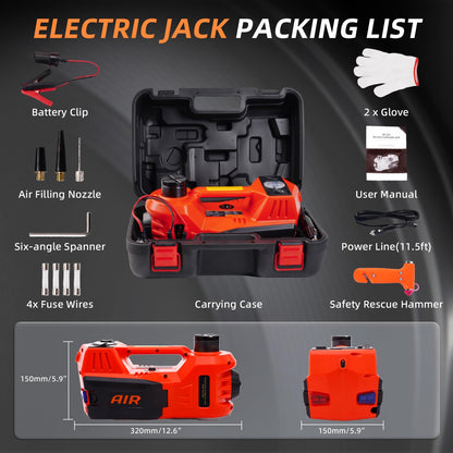 STANDTALL Electric Car Jack Quick Lifting Safe and Portable with Tire Inflator and LED Light Complete Set of Accessories 12V Hydraulic Floor Jack