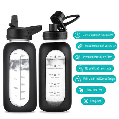 EALGRO 32 oz Glass Water Bottle with Straw and Handle, Sports Motivational Water Flask with Silicone Sleeve, Large Leakproof Water Flask Cup with Time Marker for Travel, Gym, Black