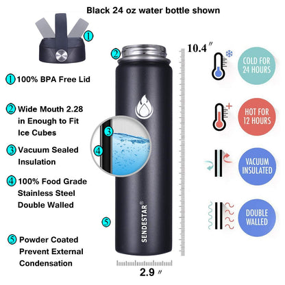 SENDESTAR Insulated Water Bottle 24 OZ, Wide Mouth 24 oz Water Bottle with Straw Lid, Spout Lid, Double Wall Vacuum Stainless Steel Leak Proof, Keeps Liquids Hot or Cold (Black)