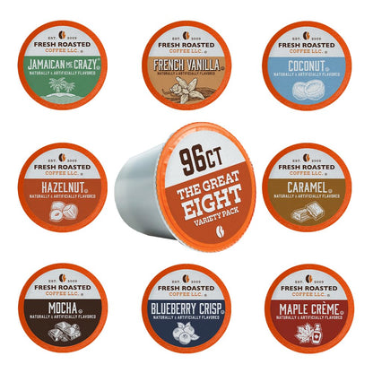 Fresh Roasted Coffee, The Great Eight, Flavored Coffee Pod Variety Pack, K-Cup Compatible, 96 Count