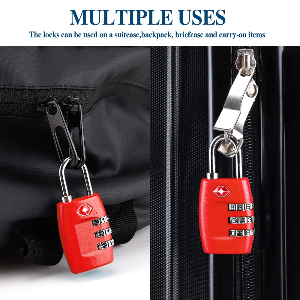 TSA Luggage Locks (4Pack) - 3 Digit Combination Padlocks - Approved Travel Lock for Suitcases & Baggage (Red)