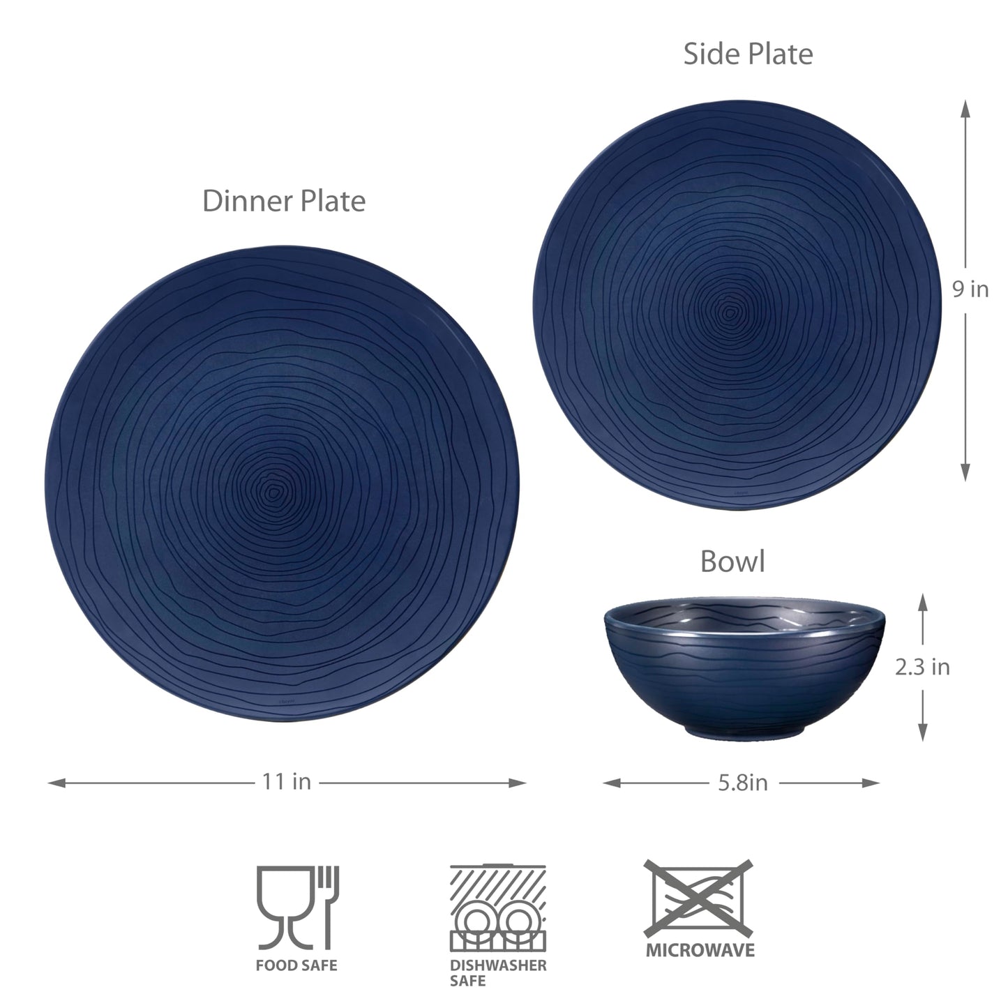 Bzyoo 12 Piece Melamine Dinnerware Set - Durable, Dishwasher Safe, Organica Navy Blue Plates and Bowls Sets Casual Dish Set for Dining, Outdoor and Kitchen