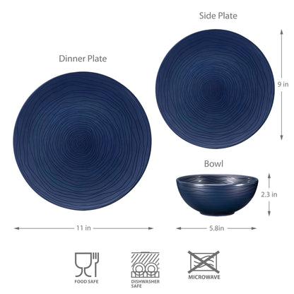 Bzyoo 12 Piece Melamine Dinnerware Set - Durable, Dishwasher Safe, Organica Navy Blue Plates and Bowls Sets Casual Dish Set for Dining, Outdoor and Kitchen