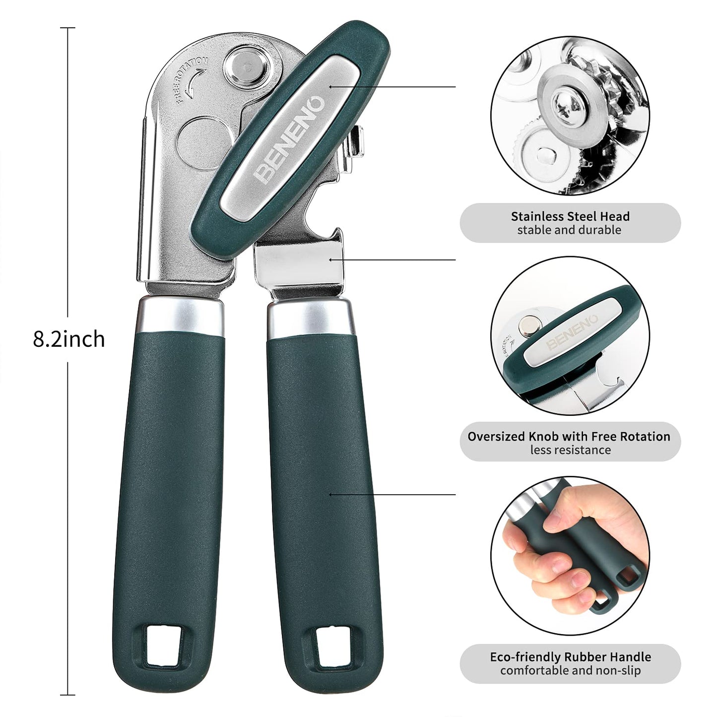 Beneno Heavy Duty Hand Can Opener Manual with Magnet, Durable Sharp Carbon Steel Blade Smooth Cutting, Big Effort-Saving Knob & Soft Grip Handle, Multifunctional Kitchen Tool with Bottle Opener, Green