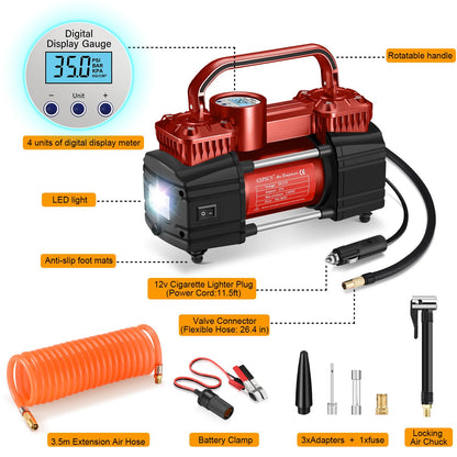 GSPSCN Portable Digital Car Tire Inflator with Gauge 150Psi Auto Shut-Off, Heavy Duty Double Cylinders 12V Air Compressor Pump with LED Light for Auto,Truck,Car,Bicycles,RV,SUV,Balls etc. (RED)