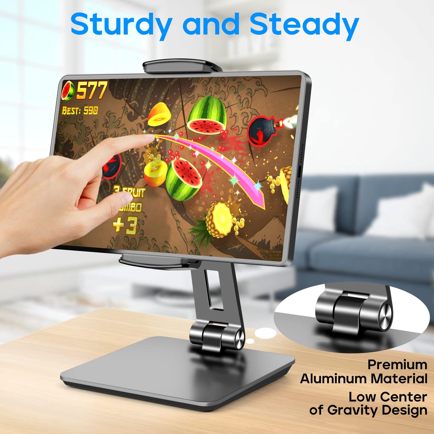 ROADOM Tablet Stand, Adjustable 360° Swivel Bracket, 180° Tiltable Clamp,Foldable Tablet Holder for 4.7-17.3'' iPhone/iPad/Tablet/Portable Monitor, Aluminum Alloy, Black