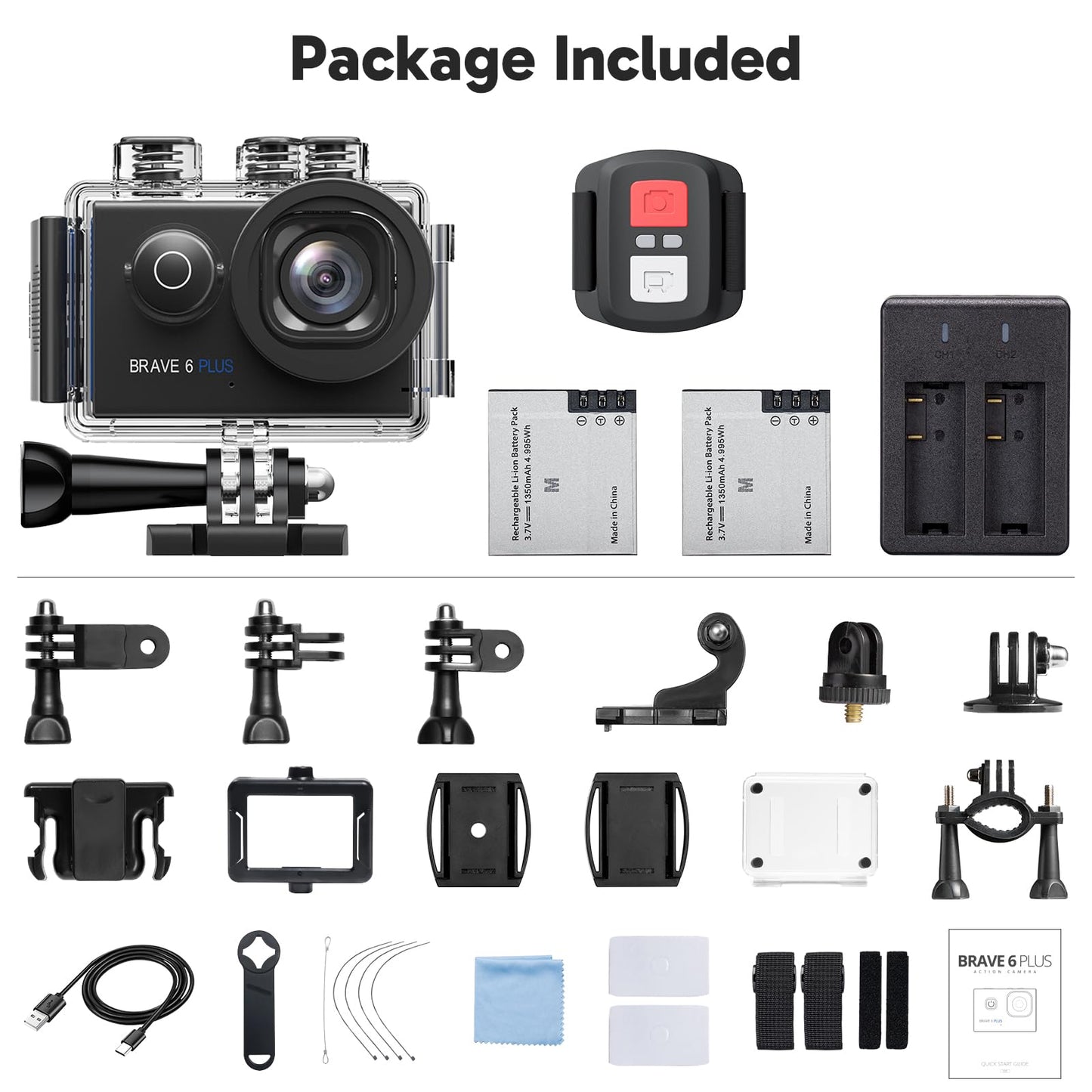 AKASO Brave 6 Plus Native 4K30FPS 20MP WiFi Action Camera with Touch Screen EIS 4X Zoom Voice Control Remote Control 131 Feet Underwater Camera with 2X 1350mAh Batteries and Helmet Accessories Kit