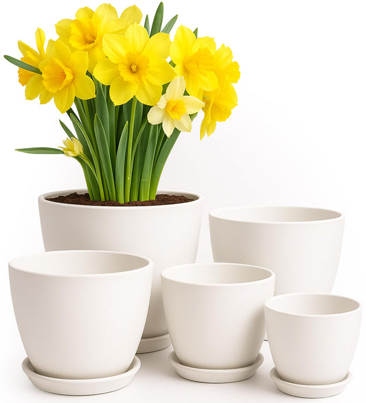 Utopia Home - Plant Pots Indoor with Drainage - 7/6.6/6/5.3/4.8 Inches Garden Flower Pots for Indoor Planter - 5 Pack White Plastic Planters - Ideal for Stocking Stuffers or Room, Office Home Decor