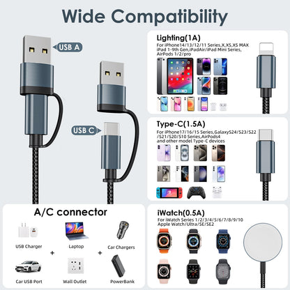 Travel Essentials for Apple Watch Charger,3 in 2 USB C Cable for Multi Charging Cable Cord,Vacation Camping RV Essentials Portable Designed for iWatch &iPhone 17-11 -4FT ﻿