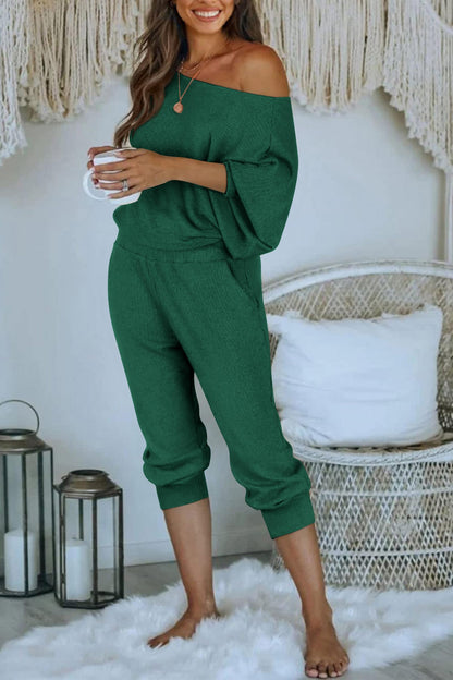 PRETTYGARDEN Two Piece Sets for Women Fall 2025 Ribbed Knit Off Shoulder Tops Lounge Pants Tracksuit Fashion Clothing (Green,Medium)