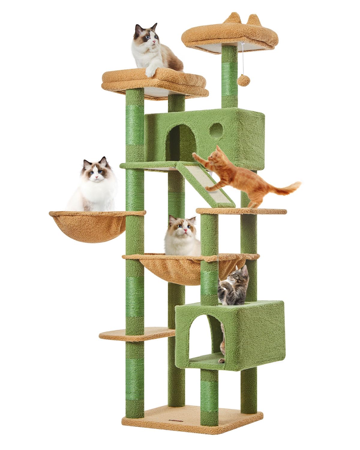 Taoqimiao Cactus Cat Tree, 71-Inch Cat Tower for Indoor Cats Large Adult, Multi-Level Large Cat Condo, 8 Sisal Scratching Posts, Metal Frame Cozy Hammock, Scratch Board, 2 Top Perches, MSC026L