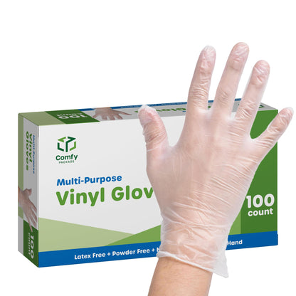 Comfy Package Disposable Vinyl Gloves – Clear, Latex-Free, Powder-Free, BPA-Free – Safe for Food Handling, Cooking & Cleaning (100, Medium)