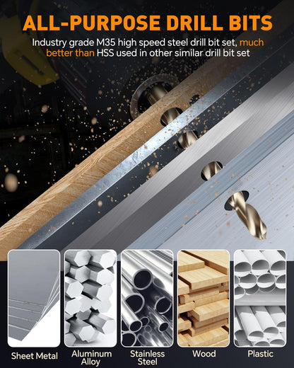 COMOWARE 21Pcs Drill Bit Set (1/16"-3/8"), M35 HSS Twist Drill Bits, Jobber Length, Straight Shank, Metal Drills bit Set for Steel, Stainless Steel/Iron/Wood/Plastic, with Metal Indexed Storage Case
