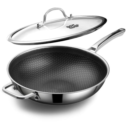 Wok pan,Hybrid 12 inch Wok with Lid, PFOA Free Cookware,non stick Stainless Steel Woks & Stir-fry pans Nonstick, Dishwasher and Oven Safe, Works on Induction