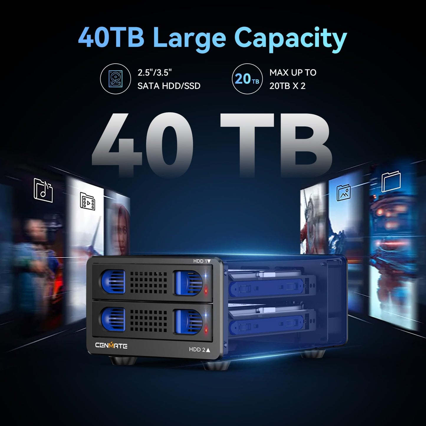 CENMATE Aluminum Dual Bay Hard Drive Enclosure with Cooling Fan for 2.5“/3.5" SATA HDD/SSD with USB A/C 3.0, Support Hot Swappable, Daisy Chain Expansion, Tool-Free HDD Enclosure, DAS(NO RAID/NAS)