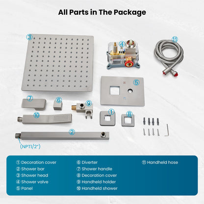 gotonovo Rainfall Bathroom Shower System Rain Shower Head and Handle Set Wall Mounted Shower Complete Combo Solid Brass Pressure Balancing Shower Mixer Valve 12 Inch Brushed Nickel