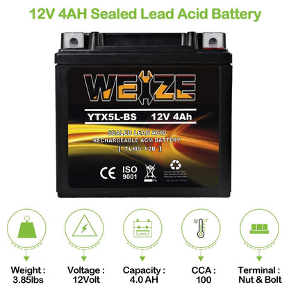 Weize YTX5L-BS High Performance - Maintenance Free - Sealed AGM Motorcycle CTX5L Battery compatible with Honda YUASA Yamaha ETX5L-BS Batteries