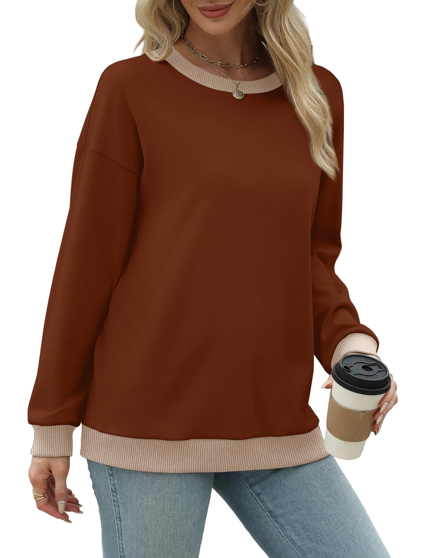 Saloogoe Women's Sweaters Pullover Long Sleeve Tops Fall Clothes Outfits 2025 Womens Fashion Clothing Caramel L