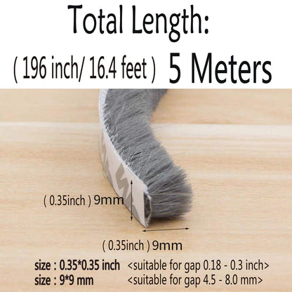 Self-Adhesive Pile Weather Stripping Seal for Sliding Windows and Door Frames, 16.5ft x 11/32 inch, Grey