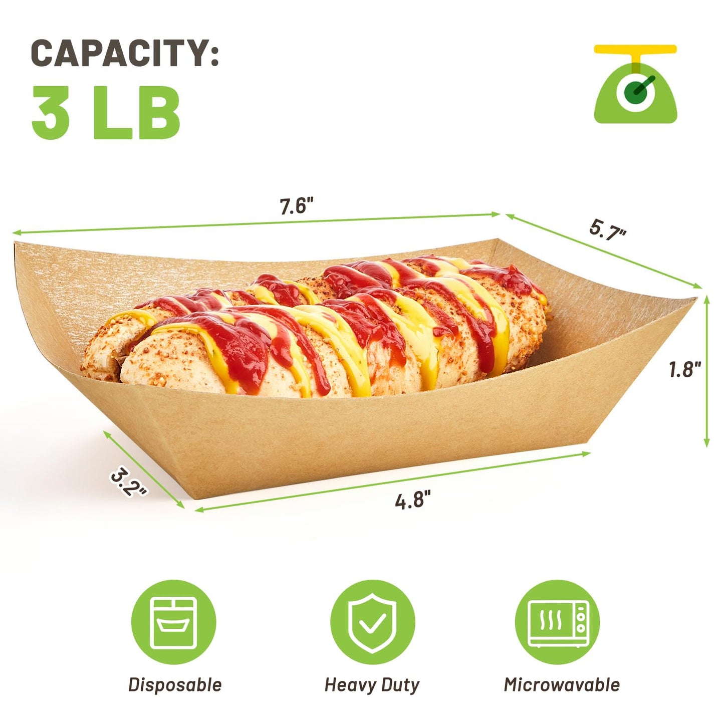 ZORRITA 3 Lb Paper Food Trays - 50 Pack Disposable Nacho Trays, Kraft Paper Food Boats Taco Holders Party Serving Baskets for Hot Dogs Snacks Tacos Fries