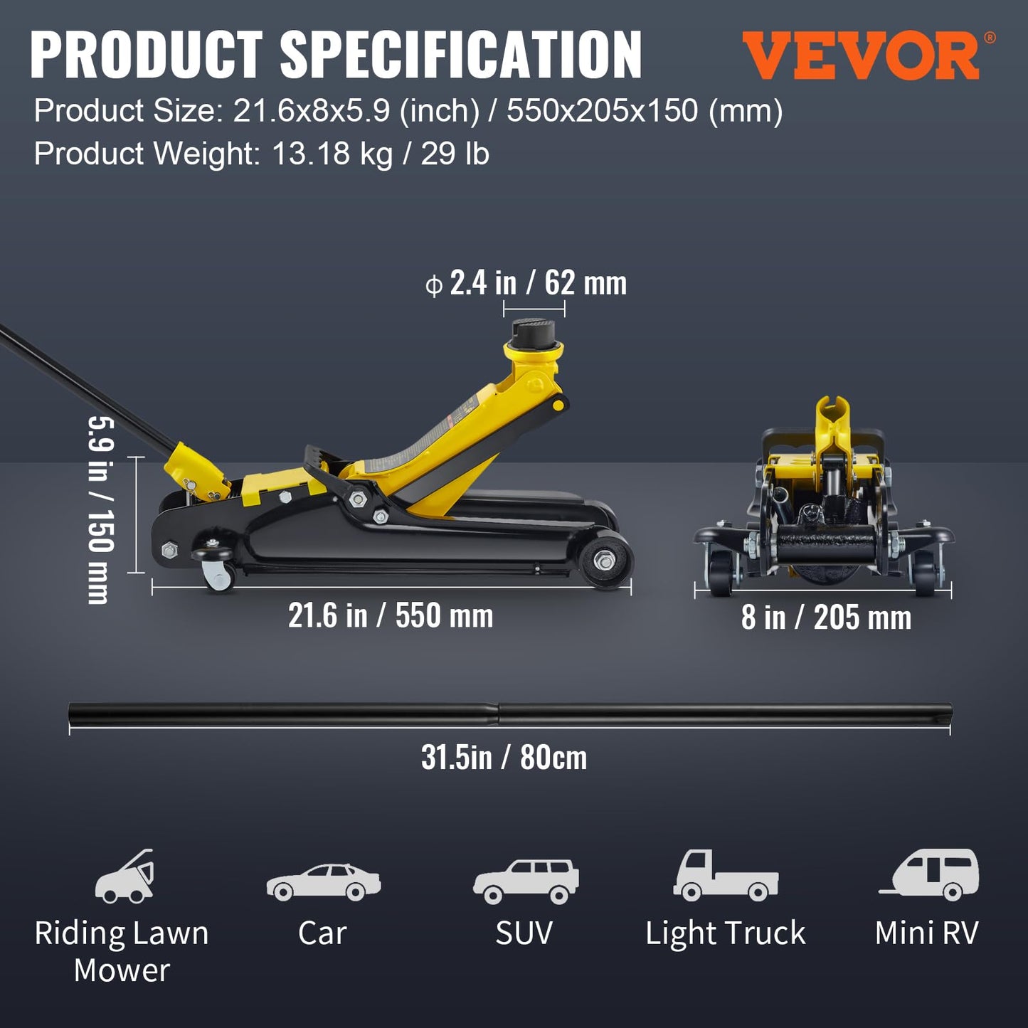 VEVOR 2.5 Ton Low Profile, Heavy-Duty Steel Racing Floor Jack with Single Piston Lift Pump, Lifting Range 3.35"-14.96"