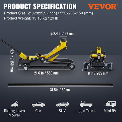 VEVOR 2.5 Ton Low Profile, Heavy-Duty Steel Racing Floor Jack with Single Piston Lift Pump, Lifting Range 3.35"-14.96"