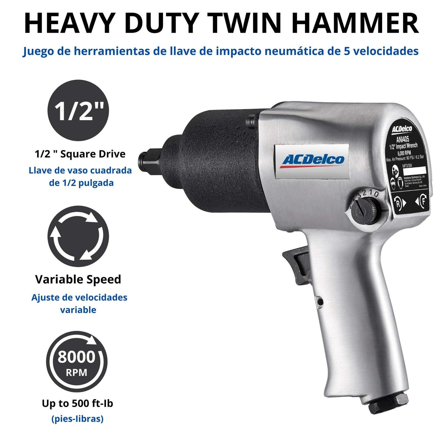 ACDelco ANI405A Heavy Duty Twin Hammer ½” 500 ft-lbs. 5-Speed Pneumatic Impact Wrench Tool Kit