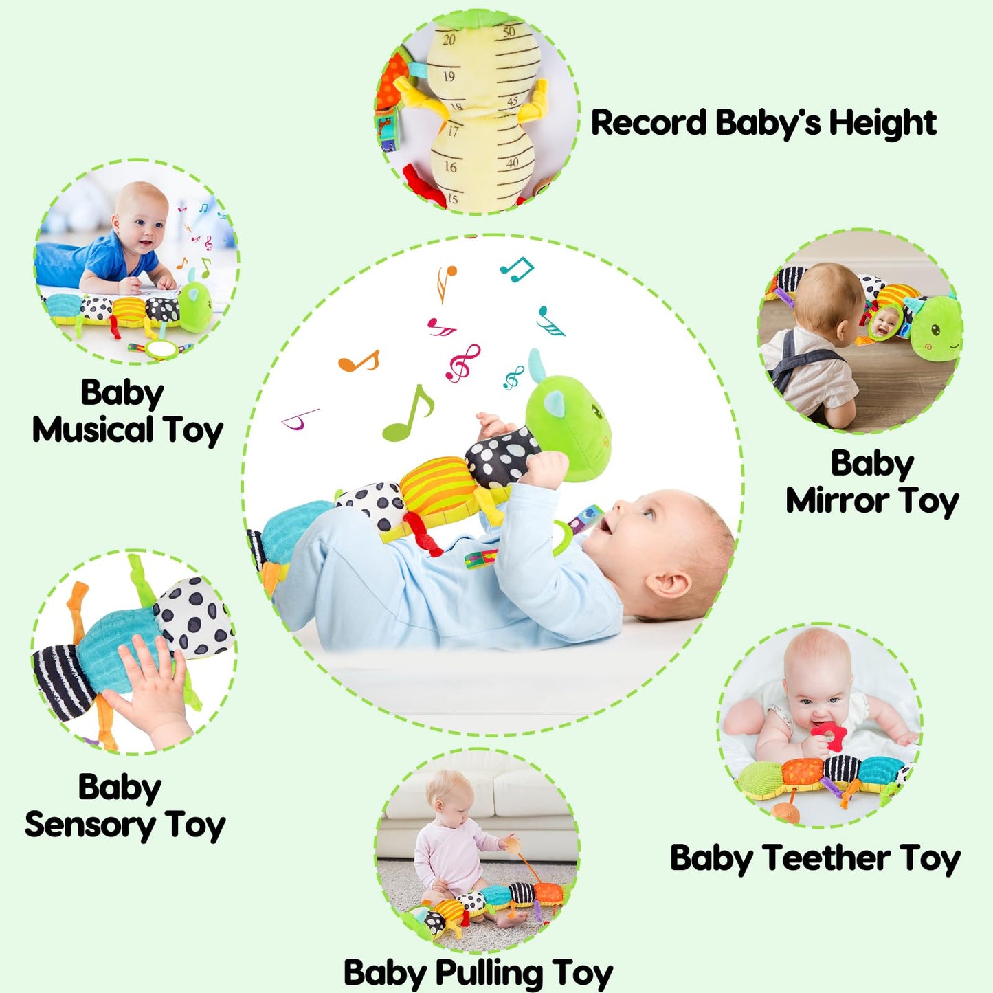 Baby Sensory Toy 0-6 Month Music Animal Stuffed Plush Caterpillar Toy for Infant 0-3-6 Month Tummy Time with Baby Mirror Crinkle Rattle for 6-12 Month Carseat Toys for Newborn Boys Girls Shower Gifts