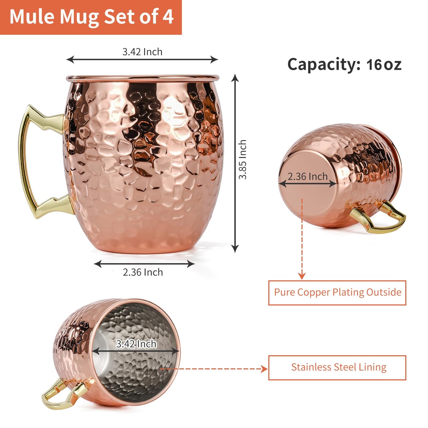 Amrules Moscow Mule Mugs Set of 4, 16 OZ Hammered Copper Cups with 304 Stainless Steel Lining and Gold Brass Handles, for Cold Drinks, Beer, Wine, Bars, Parties