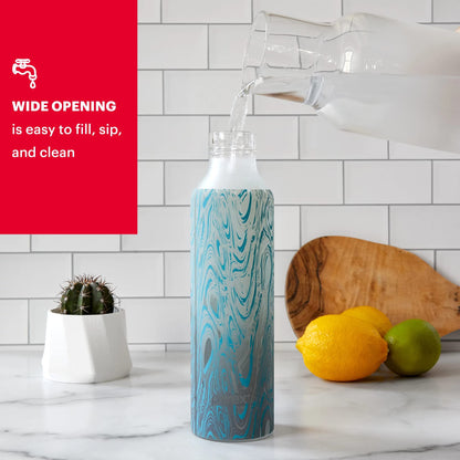 Pyrex 24-Oz Color Changing Glass Water Bottle with Silicone Coating, Leakproof and Textured Glass Reusable Water Bottle with Flip-Top Lid, Eco-Friendly, BPA-Free Silicone Coating, Happy Floral