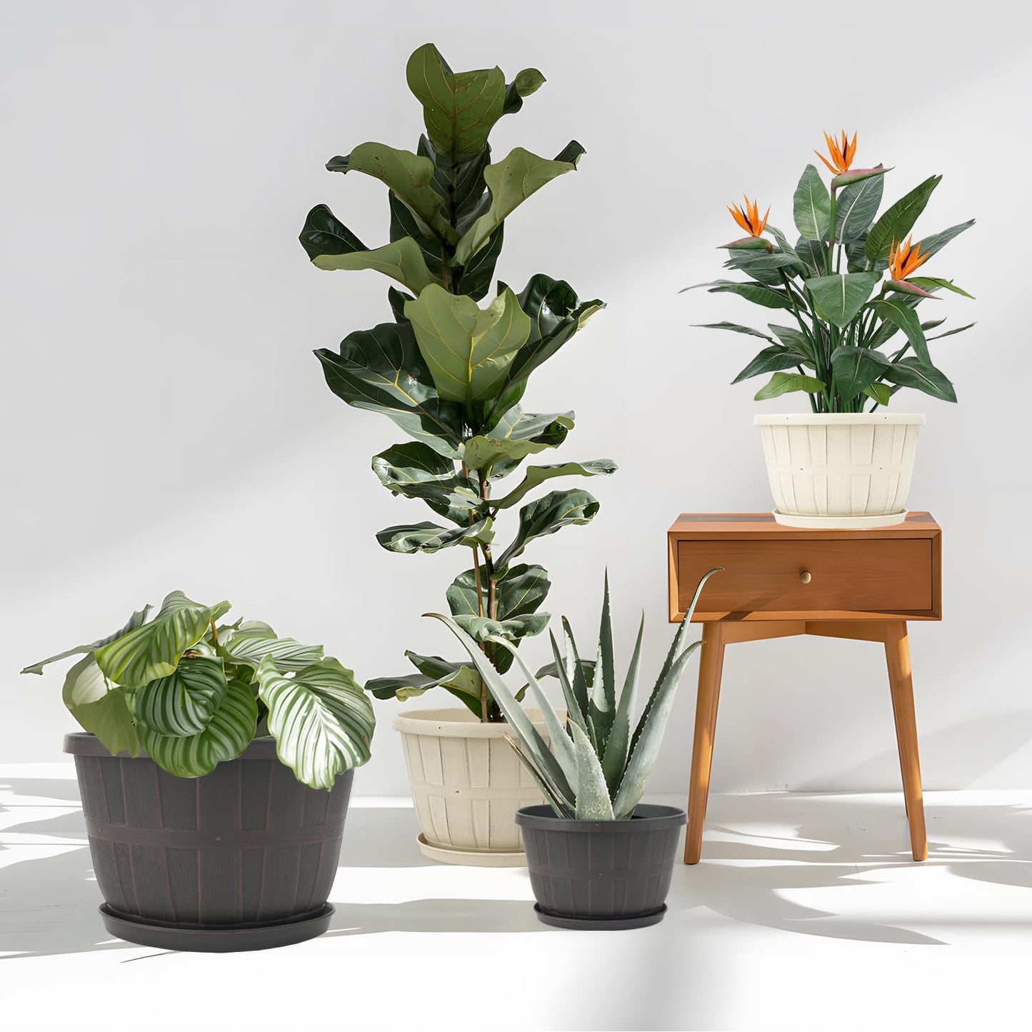 Quarut 10 inch Plastic Flower Pots for Outdoor Plants，4 Pack Large Outdoor Planter Pot with Drainage Holes & Saucers，Imitation Wine Barrel Design，for Indoor Outdoor Garden Plants（Brown）