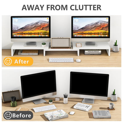 TAVR Furniture Dual Monitor Stand Riser, Computer Monitor Stands for 2 Monitors, Extra Long Multifunctional Desktop Organizer Riser for Computer, Laptop, PC, Printer, TV, Max 43.3" Length, White