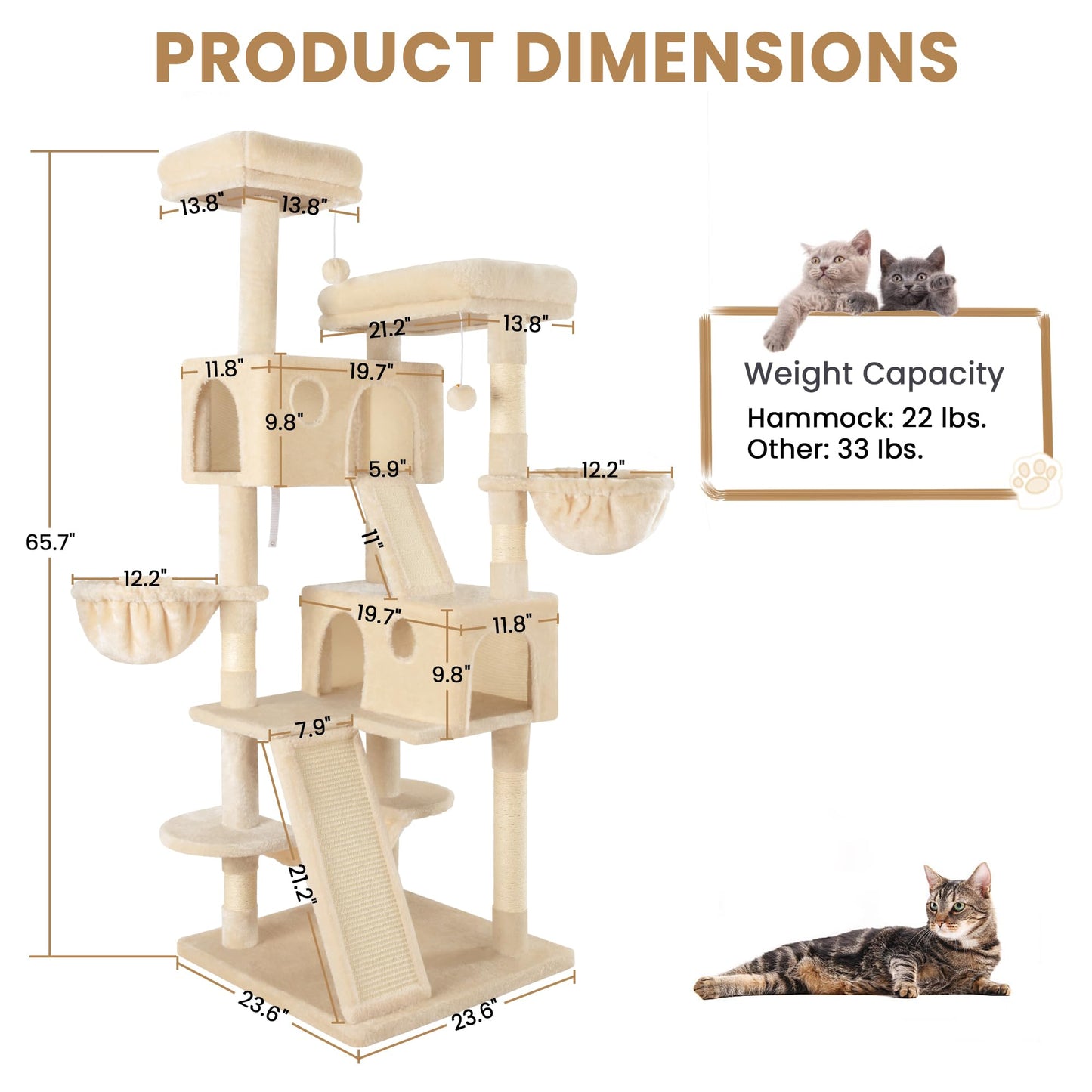 SHA CERLIN 65in Larger Cat Tree Tower Condo for Indoor Kitties/Multi-Level Furniture Activity Center with Wide Base/Cozy Plush Cat Perches/Baskets/Sisal Scratching Posts and Hammock/Beige