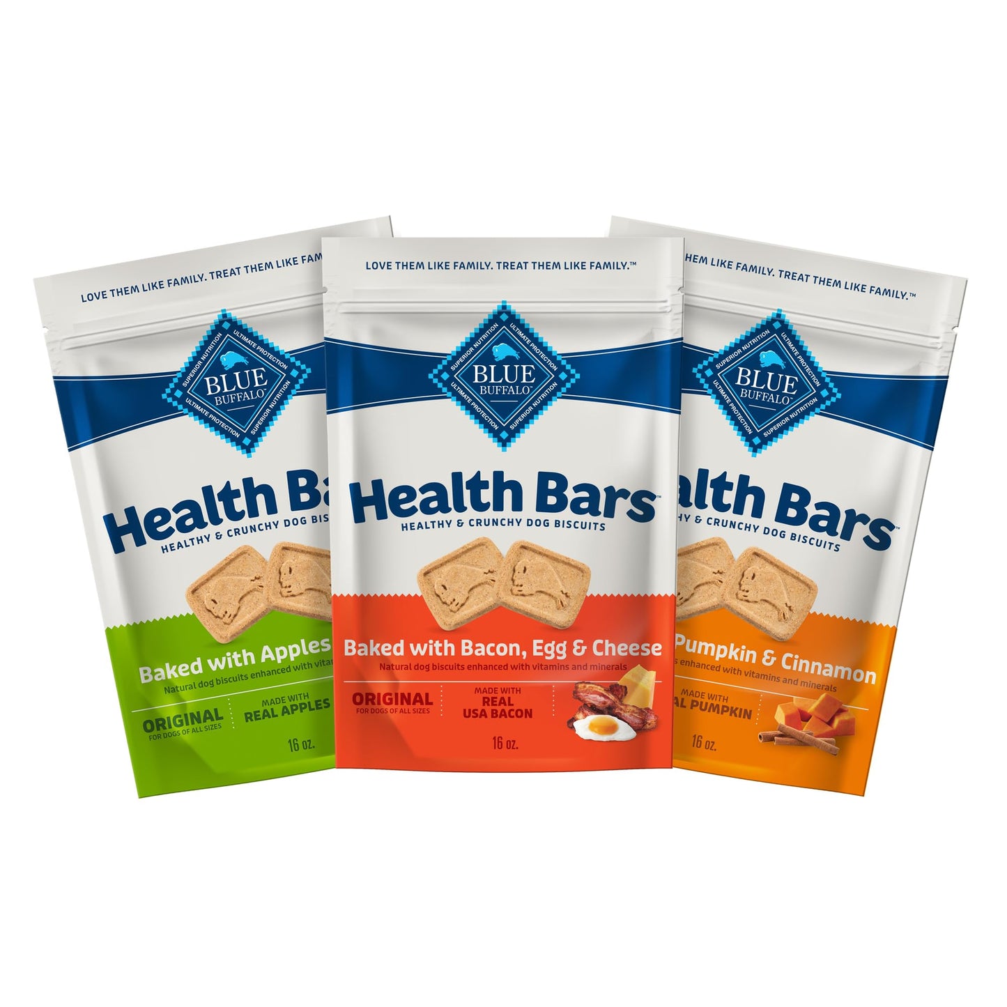 Blue Buffalo Health Bars Crunchy Dog Biscuits, Variety Pack, Bacon, Egg & Cheese, Apple & Yogurt, Pumpkin & Cinnamon, 16-oz Bags