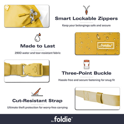 The Foldie Foldable Crossbody Bags for Women & Men - Anti-Theft RFID-Safe Fanny Pack with Smart Lockable Zippers and Cut-Resistant Strap - Lightweight Waist Pack for Travel & Everyday Use - Yellow