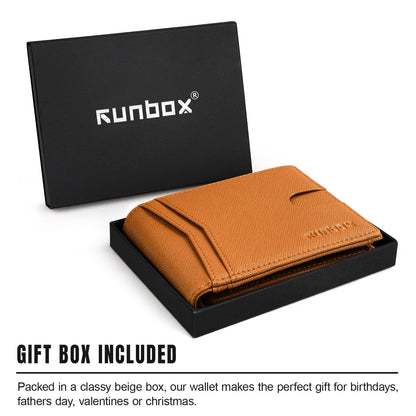 RUNBOX Wallet for Men and Women Slim Rfid Leather 2 ID Window With Gift Box