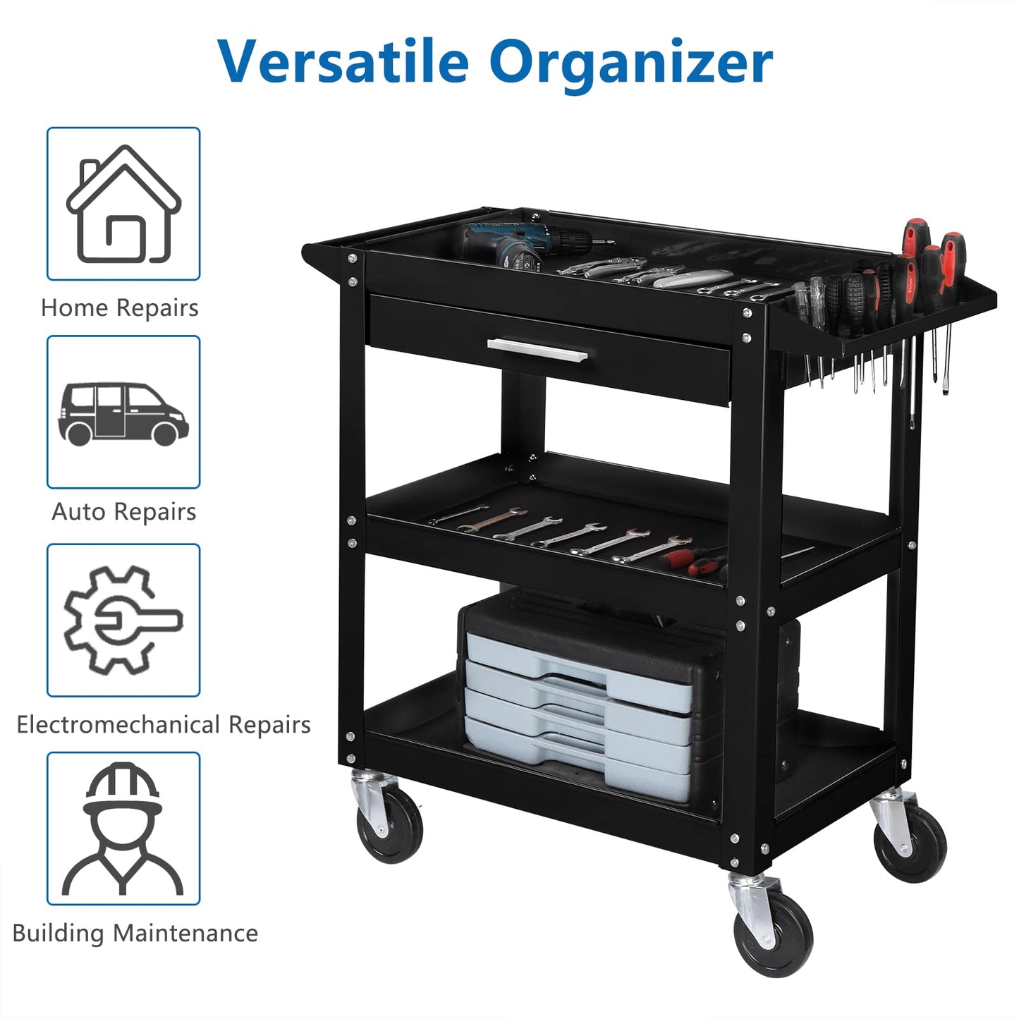 TUFFIOM 3 Tier Rolling Tool Cart with Drawer, Tool Service Cart on Wheels w/2 Brake, 330 LBS Capacity Industrial Heavy Duty Utility Cart, Tool Organizer for Mechanic, Garage, Warehouse & Repair Shop