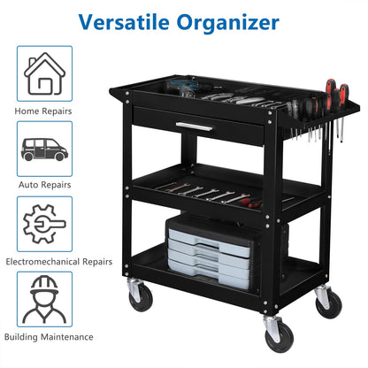 TUFFIOM 3 Tier Rolling Tool Cart with Drawer, Tool Service Cart on Wheels w/2 Brake, 330 LBS Capacity Industrial Heavy Duty Utility Cart, Tool Organizer for Mechanic, Garage, Warehouse & Repair Shop