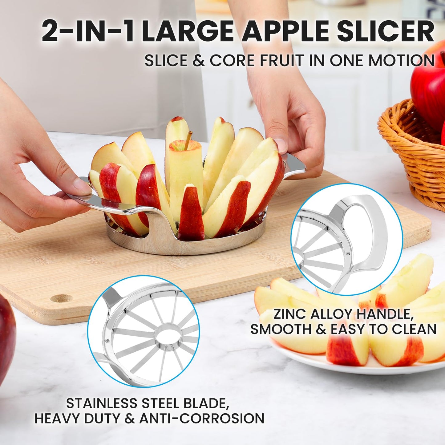 AUBENR 4.72 Inch Extra Large Apple Slicer with 12 Blades - Professional Heavy Duty Apple Cutter -304 Stainless Steel Apple Corer Tool - Sharp Apple Slicer and Corer - Easy to Use - Dishwasher Safe