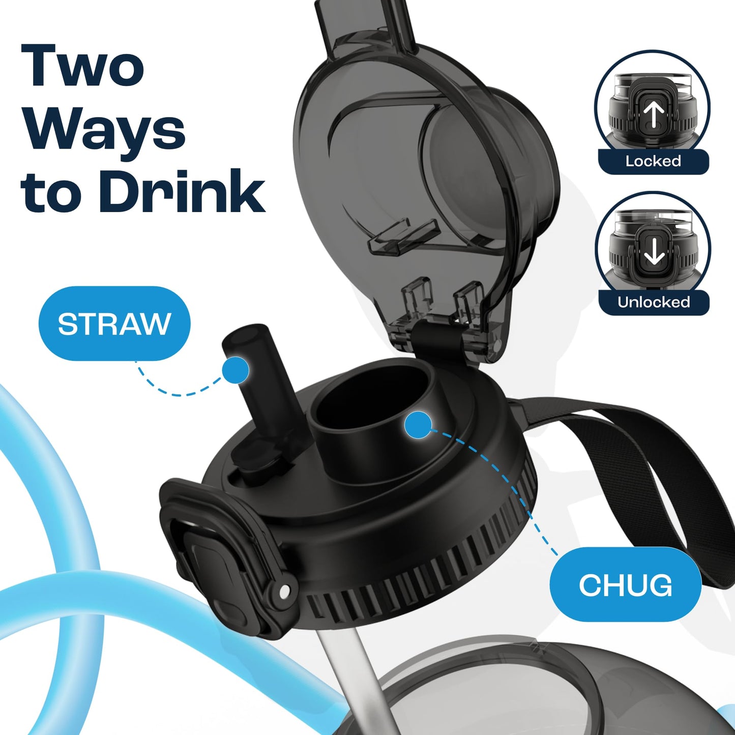 AQUAFIT 64 oz Water Bottle with Time Marker, Half Gallon Gym Bottle with Straw, Handle & 2-in-1 Lid