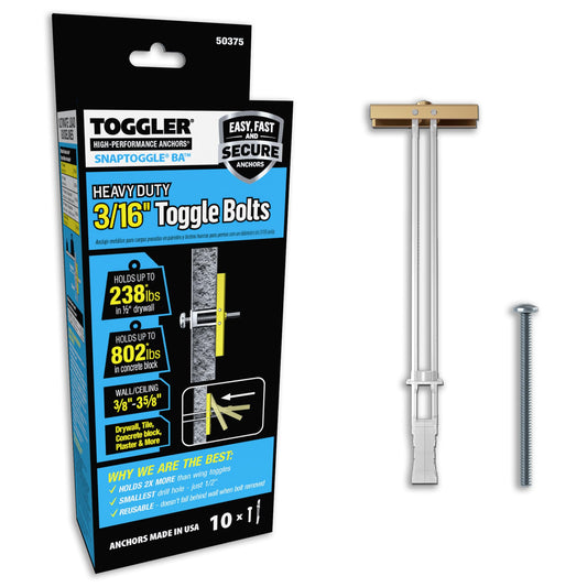 TOGGLER SNAPTOGGLE Heavy-Duty Drywall Toggle Bolt – 3/16"-24 UNC Zinc-Plated Anchor for Hollow Walls, Plaster & Tile – Holds 238 lbs in 1/2" Drywall, Easy Install – 10 Pack (with Bolts)