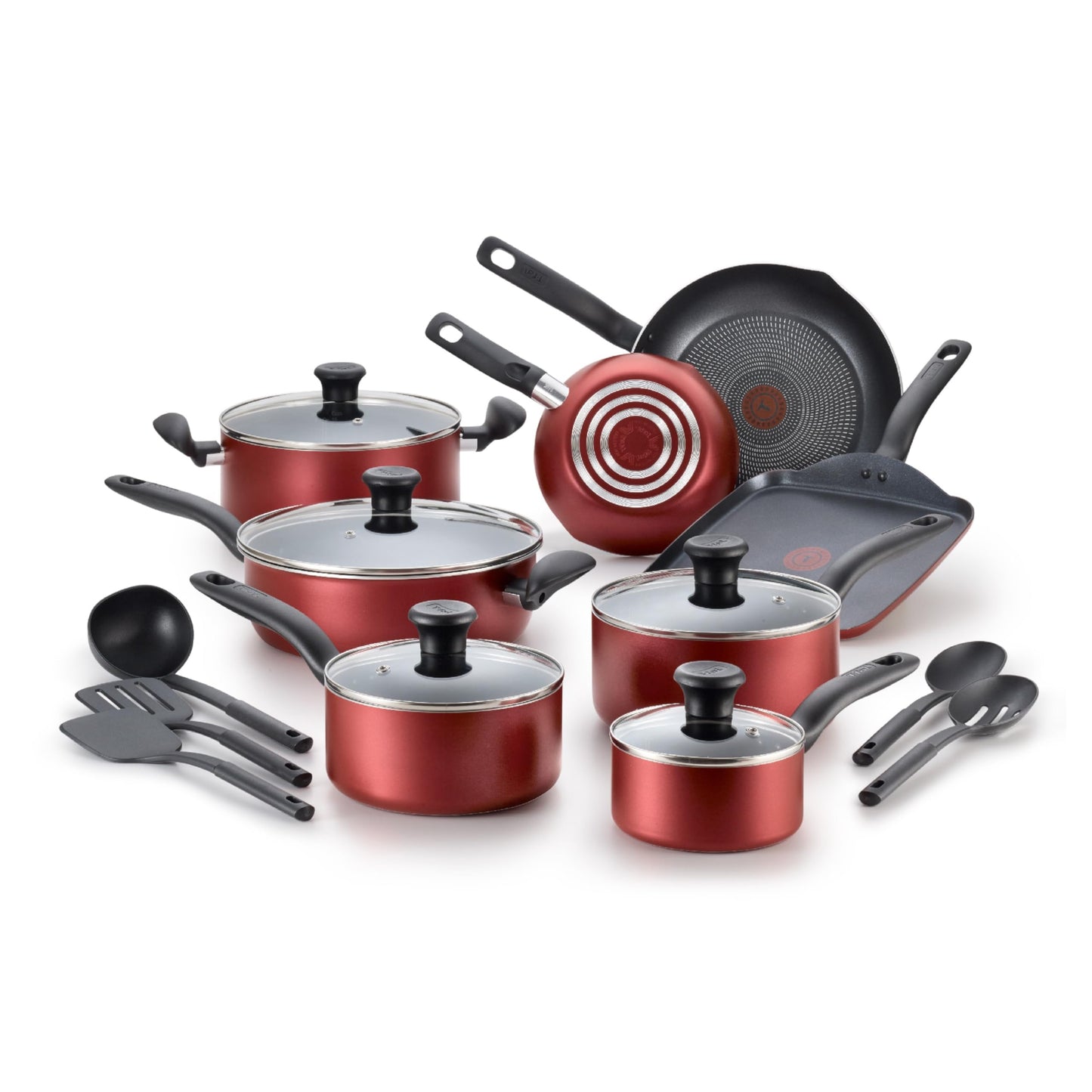 T-fal Initiatives Nonstick Cookware Set 18 Piece, Oven Broiler Safe 350F, Kitchen Cooking Set w/Fry Pans, Saucepans, Saute Pan, Dutch Oven, Griddle, Pots and Pans, Home, Dishwasher Safe, Red